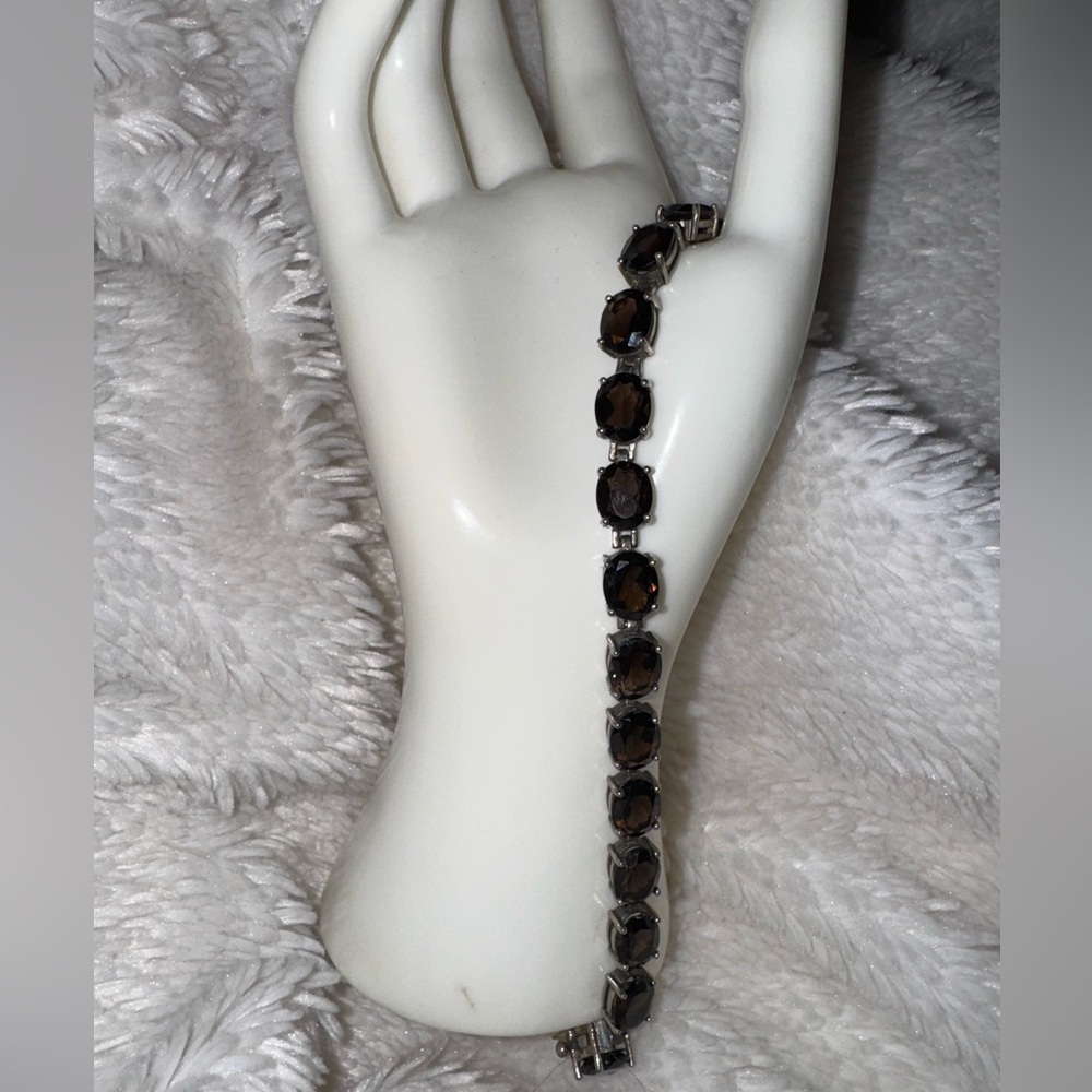 Vintage Signed 925 Silver Oval Cut Smoky Topaz Gemstones 7" Bracelet, 22.2g